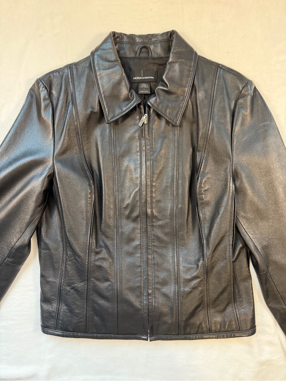 Moda International Black Leather Moto Zip-Front Jacket with Panel Seams